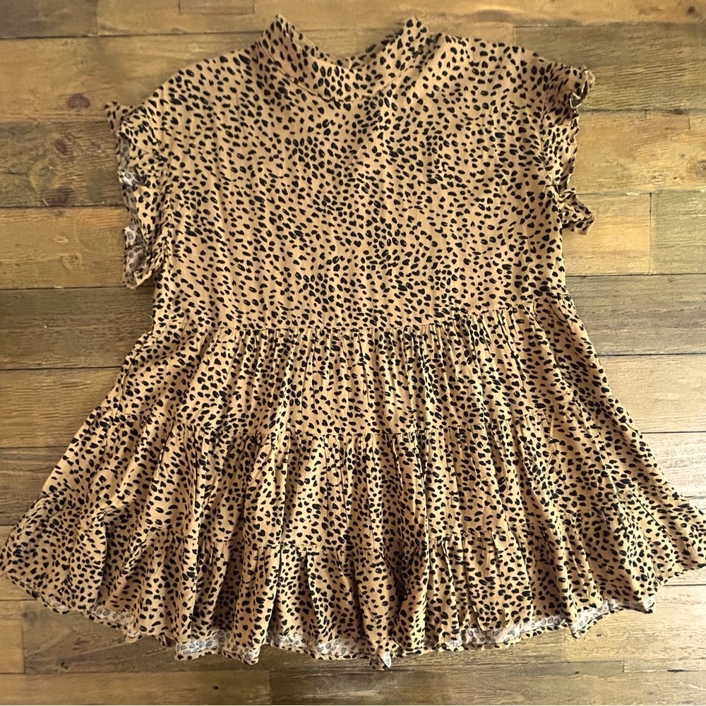 TAN & BLACK Leopard Print Tiered Babydoll Ruffle Cap Sleeves Boho Peplum Blouse - Picture 8 of 14